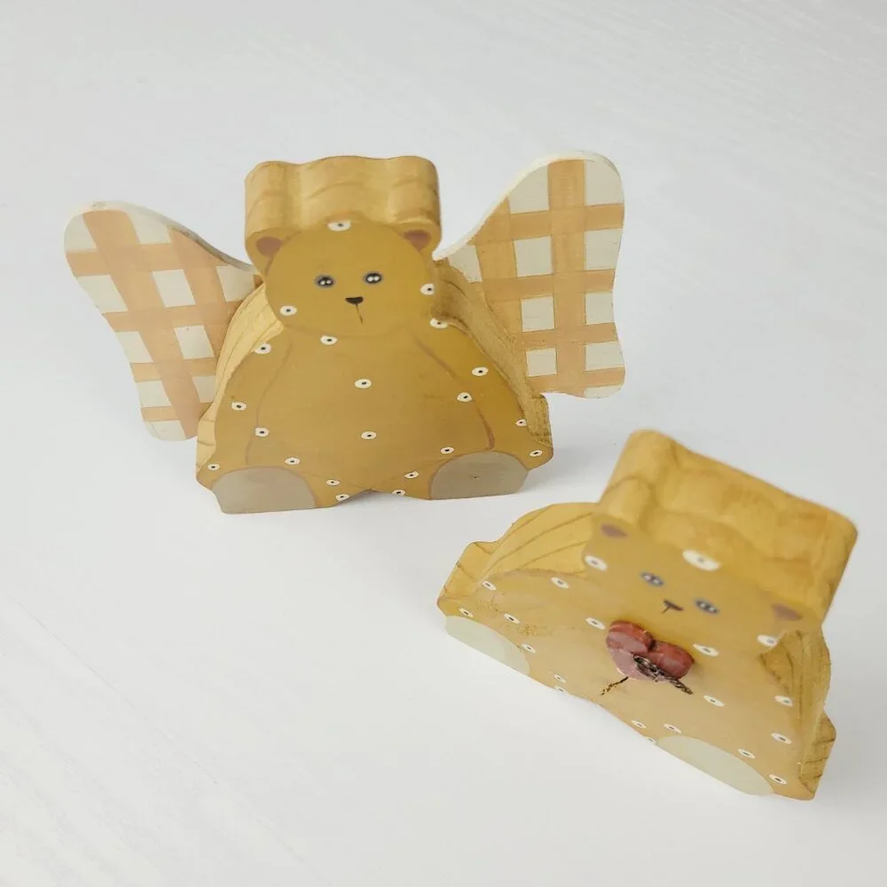 Two Vintage Handmade Folk Art Wooden Bears Angel Wings Heart Hand Painted polka.